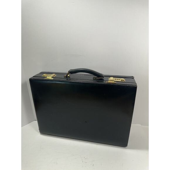 LEATHER PRESTO Attache Business BRIEFCASE Locking Hard Case Vintage Extend Black - Picture 3 of 13